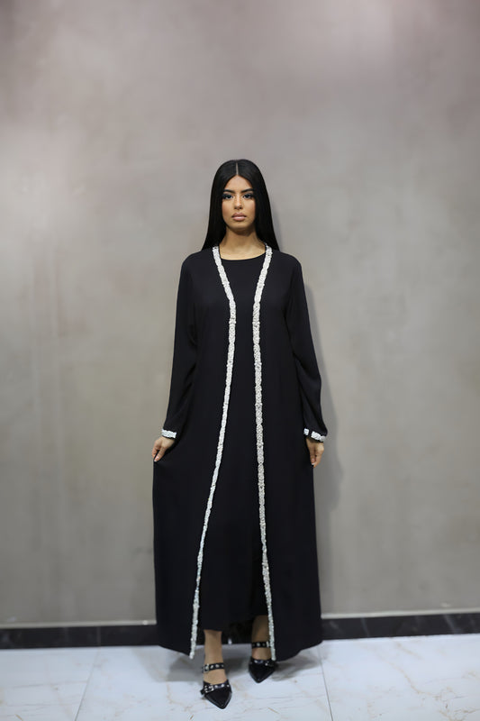 D8001 Robe Abaya Noir 2 Pièces avec Strass Argentés sur Longueur et Manches