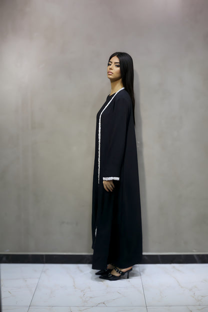 D8001 Robe Abaya Noir 2 Pièces avec Strass Argentés sur Longueur et Manches