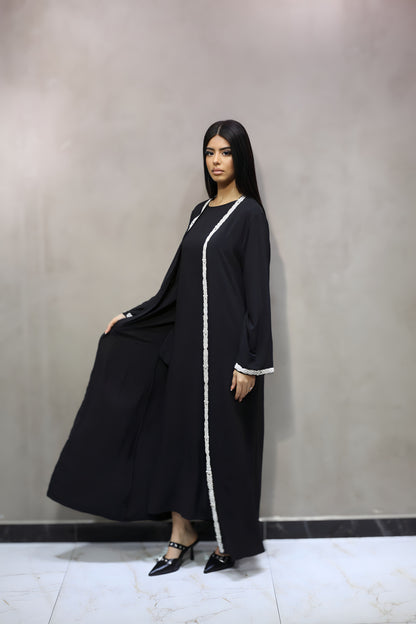 D8001 Robe Abaya Noir 2 Pièces avec Strass Argentés sur Longueur et Manches