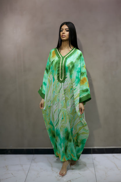 J9001 Robe Abaya Vert Ample à Motifs Imprimés Tendance et Manches Brodées